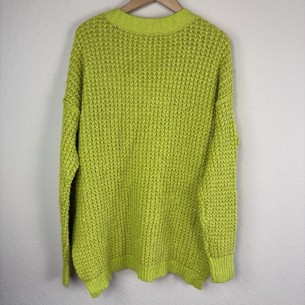 Free People L Whistle Thermal Sweater Lime Green Henley Slouchy Waffle Knit Boho - Picture 8 of 9